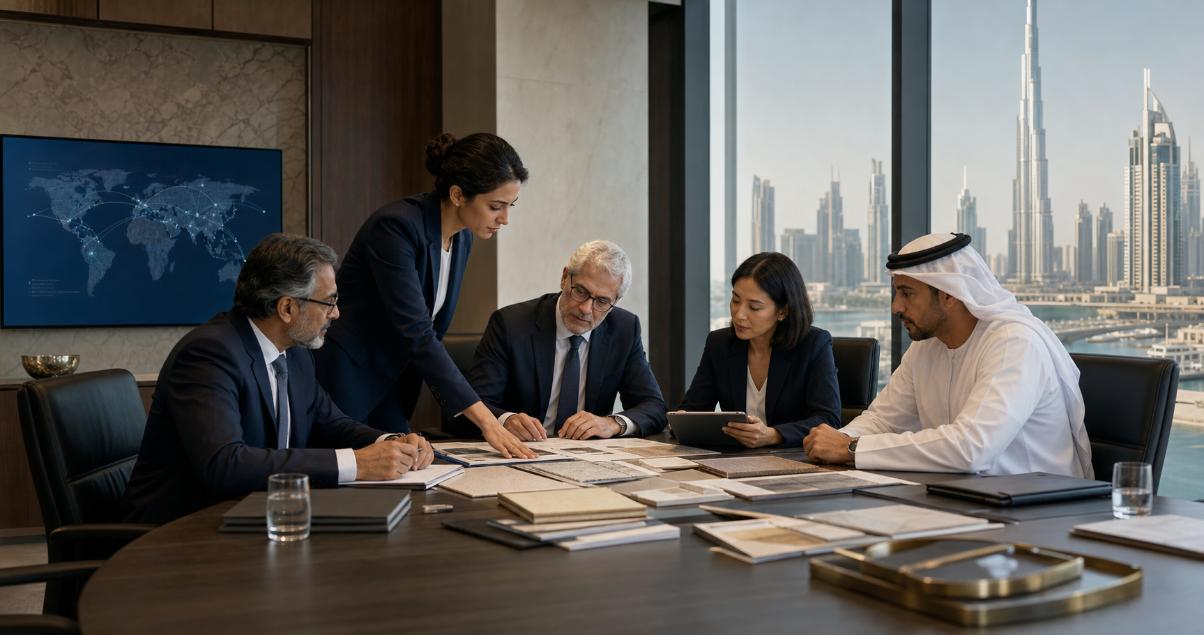 International consulting team planning procurement and supply-chain operations in Dubai