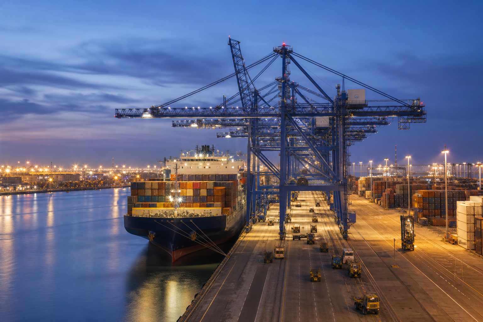 International cargo vessel and container terminal operating at blue hour