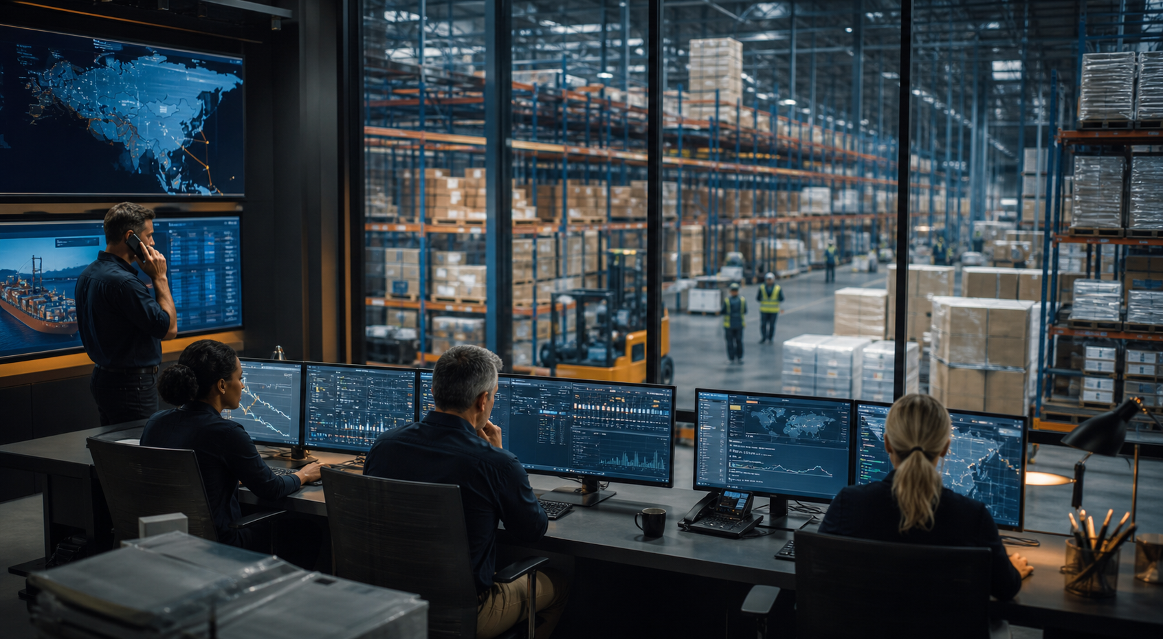 Global logistics specialists coordinating warehouse and freight operations
